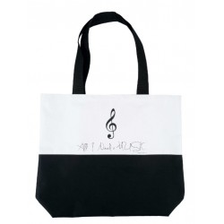 Fekete-fehér, violinkulcs mintás városi táska "All I need is music" felirattal